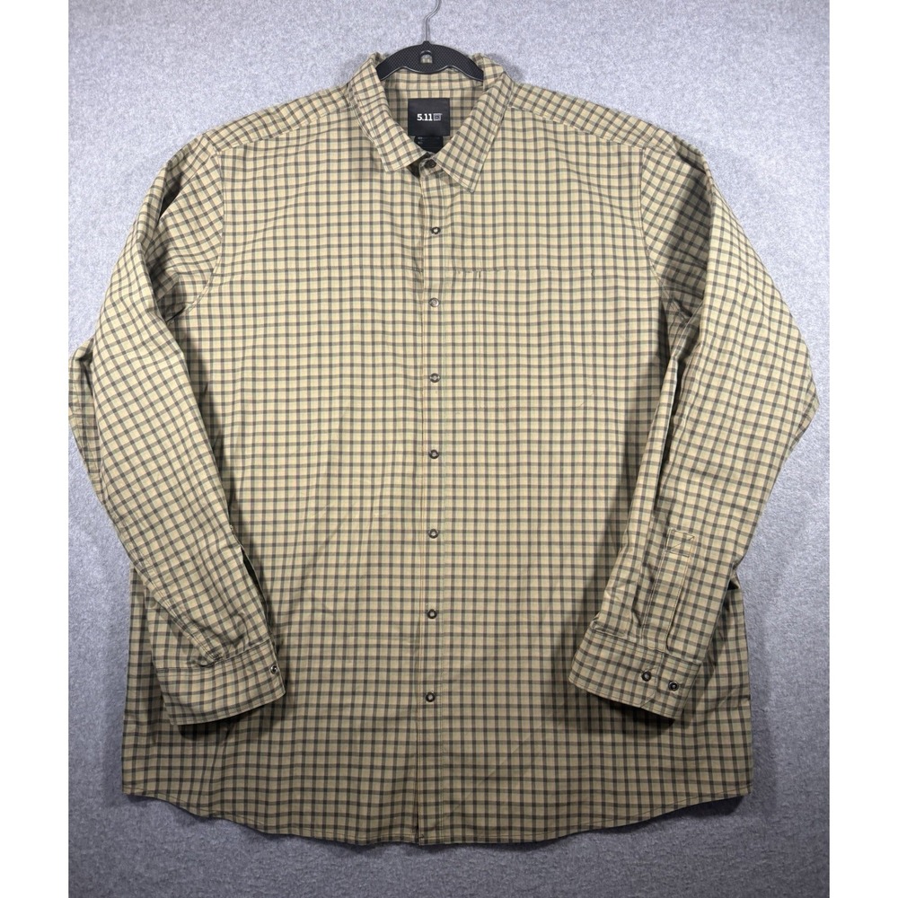 5.11 Men's 2XL Beige/Green Check Long Sleeve Button-Up Shirt Woven